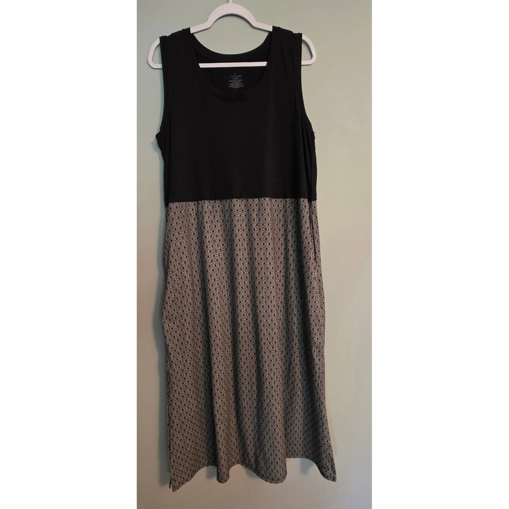 Cuddl Duds Flexwear Dress Womens L Black Geometric Midi Boho Dark Academia 1335